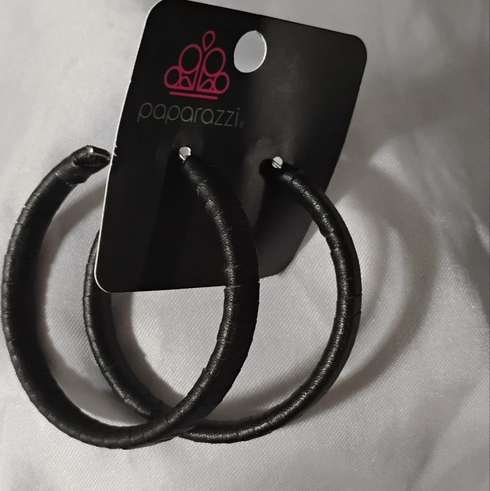 Paparazzi Black Leather Hoop Earrings